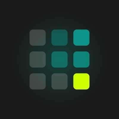 A minimalist logo consisting of a 3x3 grid of rounded squares in shades of dark green and bright lime green on a black background.