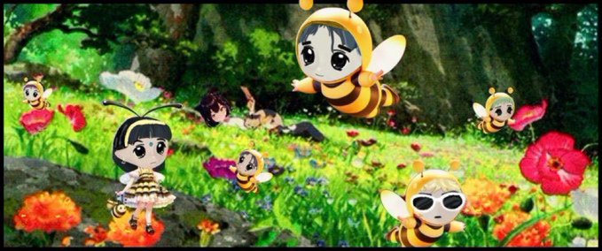 An anime-style illustration shows characters dressed in bee costumes and a small girl in a meadow filled with colorful flowers.