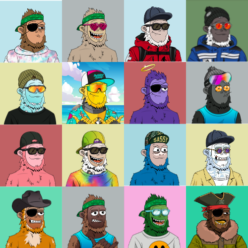 A grid of 16 colorful cartoon character portraits resembling various monkeys wearing different accessories like hats, sunglasses, and headbands.
