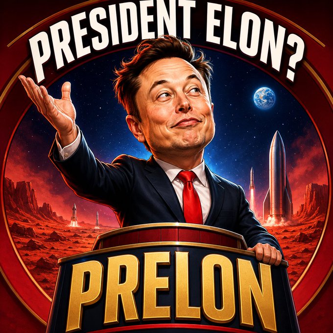 An AI-generated image depicting Elon Musk as a politician with the text 'PRESIDENT ELON?' at the top and 'PRELON' on the podium, set against a Mars backdrop with rockets.