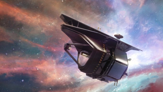 A digital rendering of a spacecraft or satellite against a colorful cosmic nebula background with stars and pink-blue clouds.