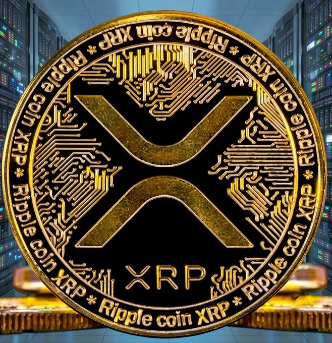 A large golden XRP (Ripple) coin is displayed prominently in the foreground against a backdrop of server racks, symbolizing the cryptocurrency's blockchain technology. The image reinforces the post's call for the "XRP Army" to unite and prepare for criticisms from "Bitcoin maxis" in light of upcoming regulatory developments like the Clarity Act.