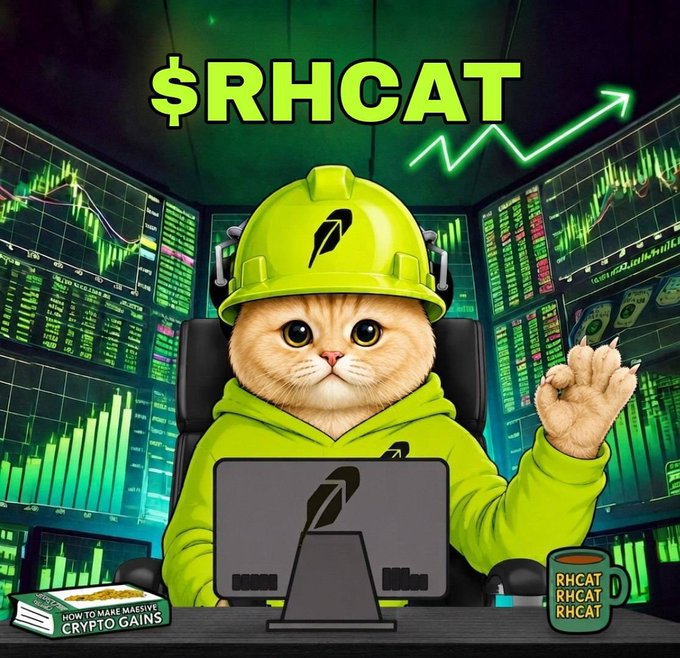 A stylized image of an orange cat wearing a green construction helmet and hoodie, sitting at a computer with cryptocurrency charts in the background, under the text '$RHCAT' with an upward trending arrow.