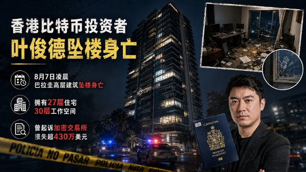 A somber news graphic depicting the death of Hong Kong Bitcoin investor Harry Chun Tak Yeh, showing his photo, a Canadian passport, a high-rise building with police scene tape, and bullet points noting his death on August 7 at 4:30 a.m., his 27 residences, 30 workspaces, and $4.3 million losses from suing a crypto exchange.