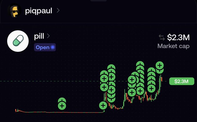 A screenshot from the piqpaul platform showing a memecoin called "pill" (marked as Open) with a $2.3M market cap, displayed with a candlestick chart and large pile of green pill emoji icons.