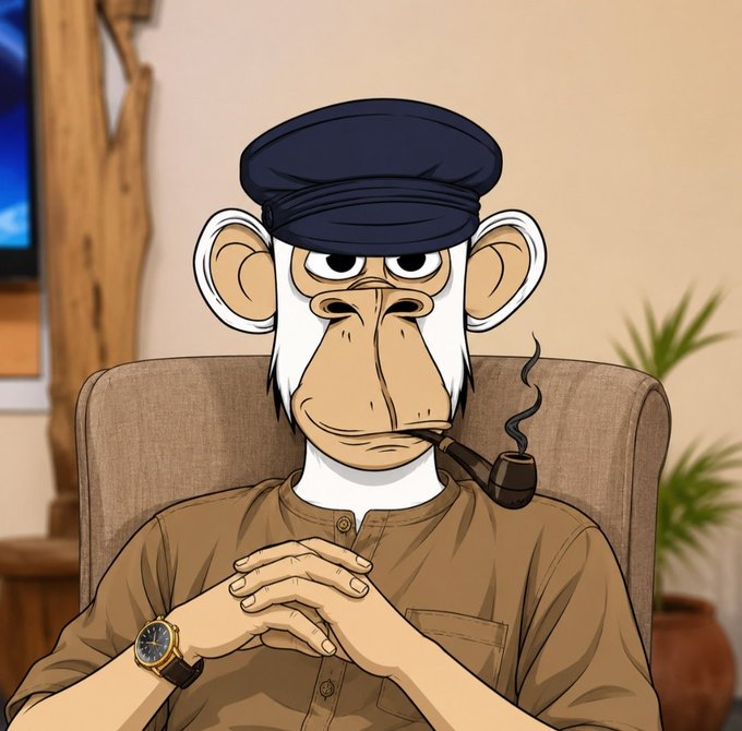 A cartoon illustration of a white monkey wearing a black flat cap and brown shirt, smoking a pipe and wearing a gold watch, sitting in a chair.