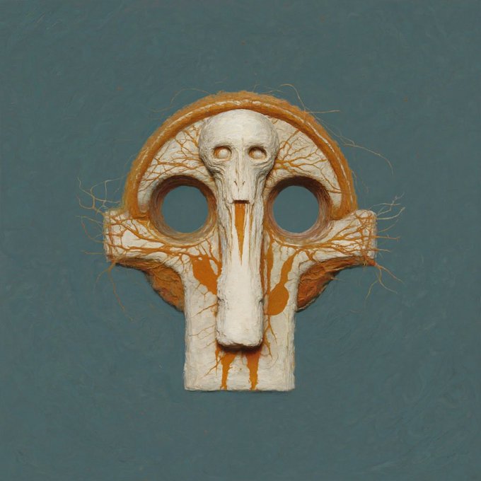 A surreal, eerie digital artwork of a cross-like form made of white bone or plaster with an elongated face, surrounded by vein-like orange root structures against a blue background.
