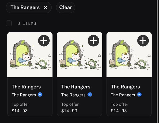 A digital marketplace interface displaying three identical listings for 'The Rangers' NFT, each priced at $14.93, featuring cartoon artwork of a white cat and a green dinosaur near a green portal.