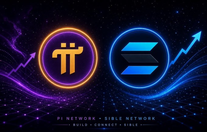 A neon-styled graphic showcases the glowing Pi Network (π) and Sible Network logos side-by-side against a cosmic, grid-patterned backdrop with upward arrows symbolizing growth. The text reads "PI NETWORK • SIBLE NETWORK — BUILD • CONNECT • SIBLE," visually reinforcing the post's vision of combining Pi's inclusive peer-to-peer ecosystem with Sible's AI-focused operating system to build next-generation intelligence infrastructure.