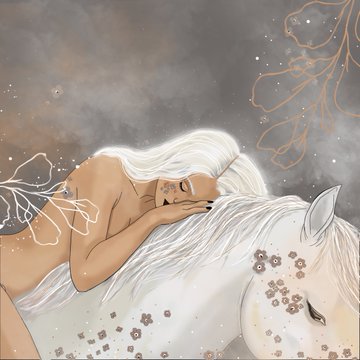 An illustration of a nude woman with long white hair embracing a white horse, surrounded by ethereal lines and a starry background.