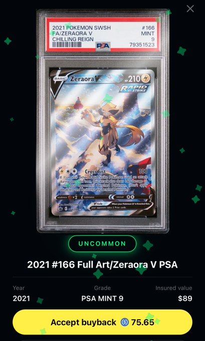 A PSA Mint 9 graded 2021 Pokémon SWSH #166 Full Art/Zeraora V card, rarity "Uncommon," is shown with an insured value of $89 and a buyback offer of 75.65, tying into the post's prompt asking whether to accept the buyback or keep the card.
