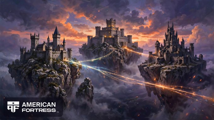 A fantasy illustration showing castles floating on rocky islands above clouds at sunset, connected by glowing light trails, with 'AMERICAN FORTRESS' branding in the corner.
