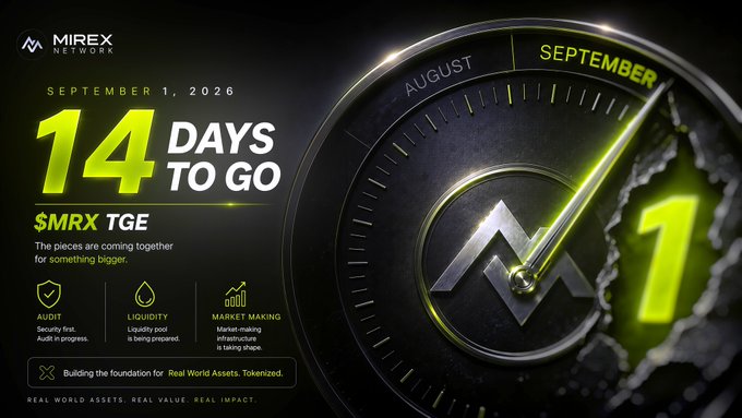 A promotional graphic for Mirex Network displaying "SEPTEMBER 1, 2026", "14 DAYS TO GO", "$MRX TGE", and highlighting "Real World Assets. Tokenized."