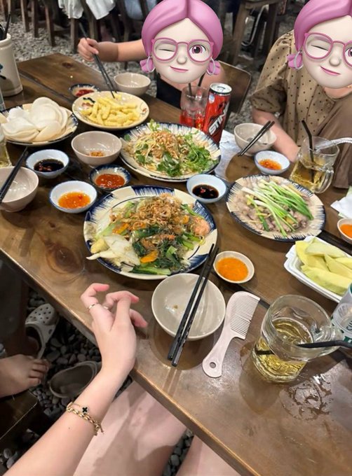 The image shows a group of people sitting around a wooden dining table, enjoying a meal together. There are several bowls filled with food placed on the table, along with cups for drinks. The people at the table appear to be wearing face paint or masks, adding a fun and festive atmosphere to their gathering. One person is holding chopsticks in their hand while eating, indicating that they might be enjoying Asian cuisine. The post seems to be related to a weekend gathering of friends or family members who are sharing food and drinks together.