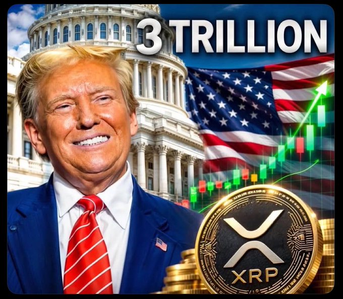 A promotional thumbnail featuring Donald Trump smiling in front of the U.S. Capitol and an American flag, with bold text reading '3 TRILLION' alongside a rising green stock chart and an XRP cryptocurrency coin.