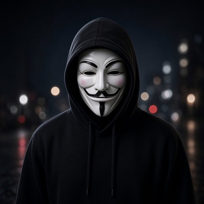 A hooded figure wearing a Guy Fawkes mask stands in a dark urban setting, visually evoking the "Anon" identity referenced in the accompanying Zcash (ZEC) token post. The mask serves as a recognizable symbol of anonymous cryptocurrency communities promoting holder fee distribution.