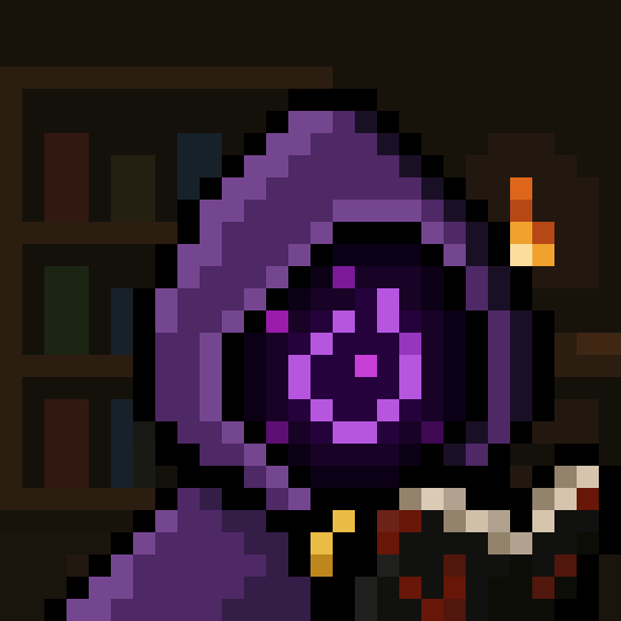A pixel art illustration of a purple character with a sinister expression, holding a small flame, set against a dark background with bookshelves.