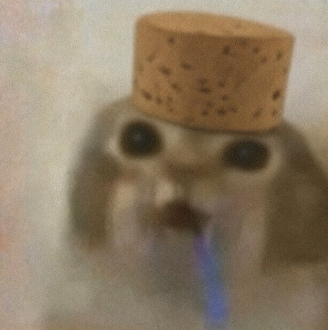 A blurry, grainy photograph of a dog with a wine cork balanced on its head, holding a blue object in its mouth.