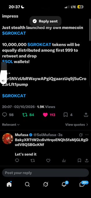 A Twitter/X post from user 'impress' announces the stealth launch of their memecoin $GROKCAT, with 10,000,000 tokens to be distributed among the first 999 retweeters, along with a Solana wallet address.