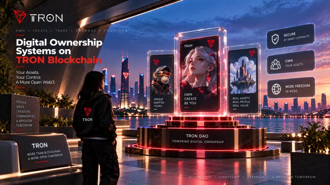 A promotional graphic for the TRON blockchain features a woman looking at glowing digital display screens showcasing avatars, with text including 'Digital Ownership Systems on TRON Blockchain' and 'TRON DAO'.