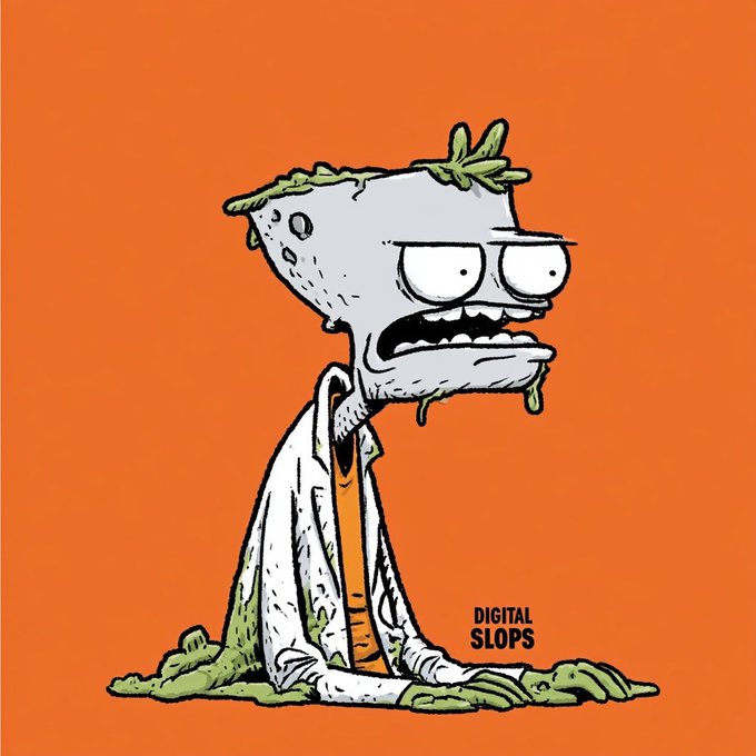 A stylized cartoon zombie character with melting green features sits against a bright orange background, accompanied by the "DIGITAL SLOPS" logo. The grotesque, slimy figure aligns with the post's call to share "a slop," as the artist's username "@digital_slops" suggests they specialize in this drippy, grotesque illustration style.