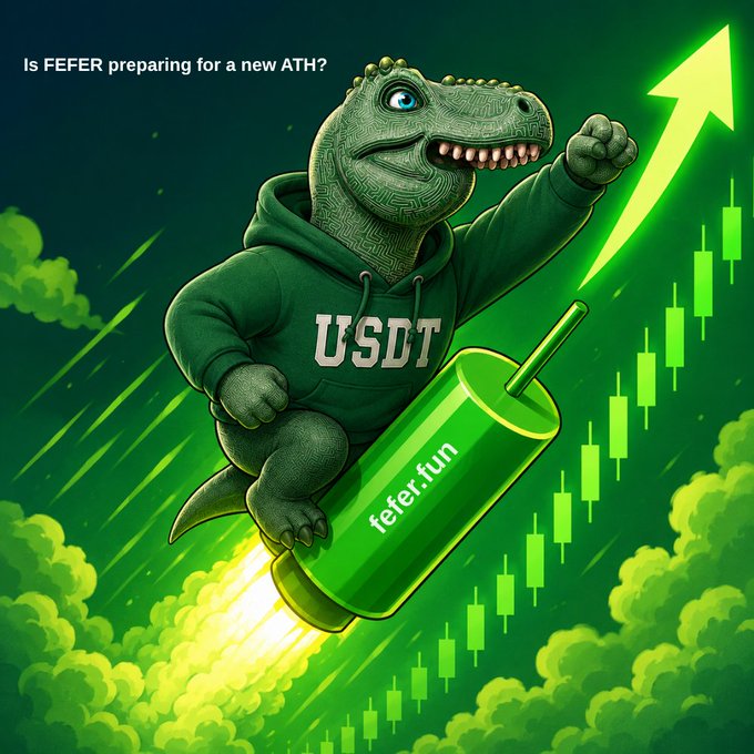 An illustration of a T-Rex in a green 'USDT' hoodie riding a green rocket labeled 'fefer.fun' upward past a rising green candlestick chart, with text reading 'Is FEFER preparing for a new ATH?'.