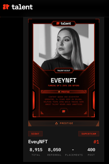A digital trading card displays the name 'EveyNFT' as a 'Talent Scout' with the title 'Turning GM's into Job Offers,' including prestige details and stats like '8,915 Total' and '400 Post.'