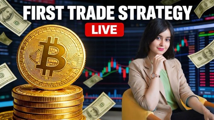 A YouTube thumbnail titled 'FIRST TRADE STRATEGY LIVE' features a woman next to a stack of gold Bitcoin coins and floating dollar bills, with stock market charts in the background.