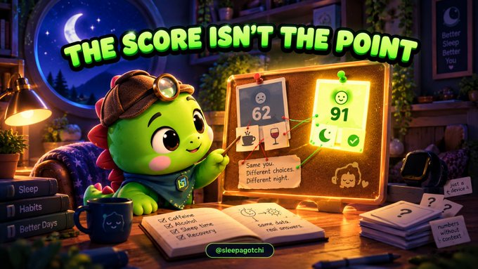 A cheerful green mascot character wearing a detective hat and goggles stands beside a glowing corkboard displaying two sleep scores (62 and 91) connected by colored lines and sticky notes reading "Same you, Different choices, Different night." The scene is titled "THE SCORE ISN'T THE POINT," with a notebook showing lifestyle factors like caffeine, alcohol, and screen time, visually reinforcing the post's message that small daily habits—not raw sleep scores—are what truly impact sleep quality.
