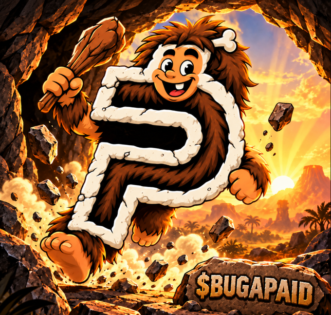 Cartoon-style illustration of a caveman in a fur outfit holding a club, with a white letter 'F' shape across his chest and '$BUGAPAID' text on a stone at the bottom.