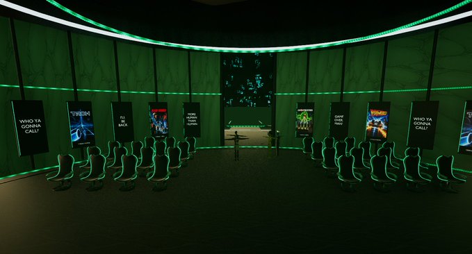 A futuristic gaming room features curved walls lined with green LED strips, rows of illuminated gaming chairs, and screens displaying 'WHO YA GONNA CALL?', 'I'LL BE BACK', and 'GAME OVER MAN'.