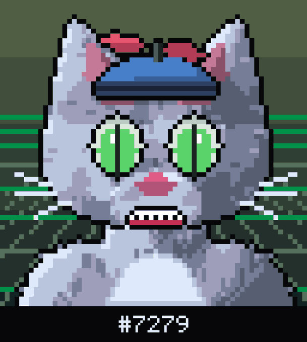 A pixel art illustration of a gray cat with bright green eyes wearing a pink bow and blue headband, labeled '#7279' at the bottom