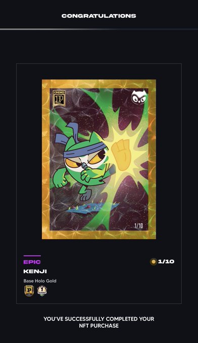 A digital trading card screen congratulating a purchase, showing an Epic 'KENJI' card featuring a green ninja character in a 'Base Holo Gold' edition, numbered 1/10.