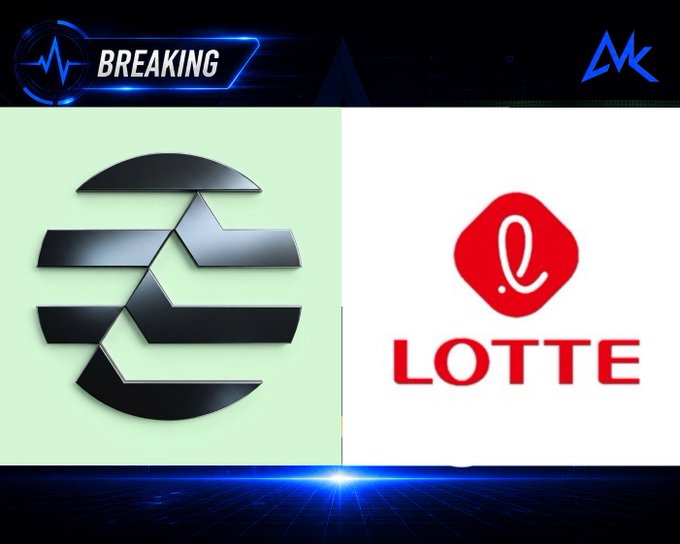 A news-style graphic displaying a 'BREAKING' banner with the Elastos logo on the left and the Lotte logo on the right.