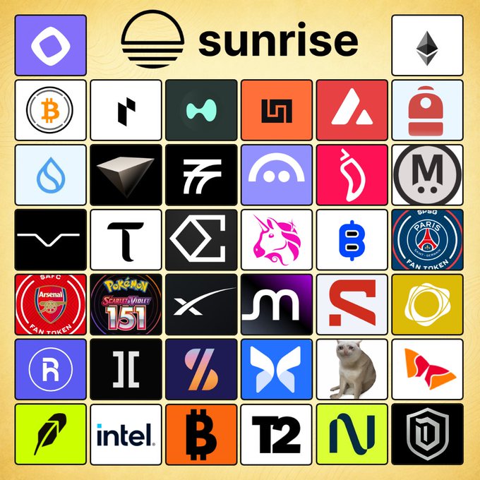 A promotional image for 'sunrise' displaying a grid of various cryptocurrency and brand logos including Bitcoin, Ethereum, Intel, and others.