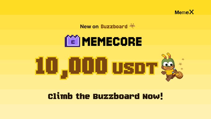 The image features a yellow background with white text that reads "10,000 UST" at the top. Below this, there's an image of a cartoon character wearing a helmet and holding a skateboard. The text also mentions a new feature on Buzzboard called MemeCore, which is related to the meme-building platform. The post encourages users to climb the Buzzboard now! and rewards them with points for sharing their content across external platforms.