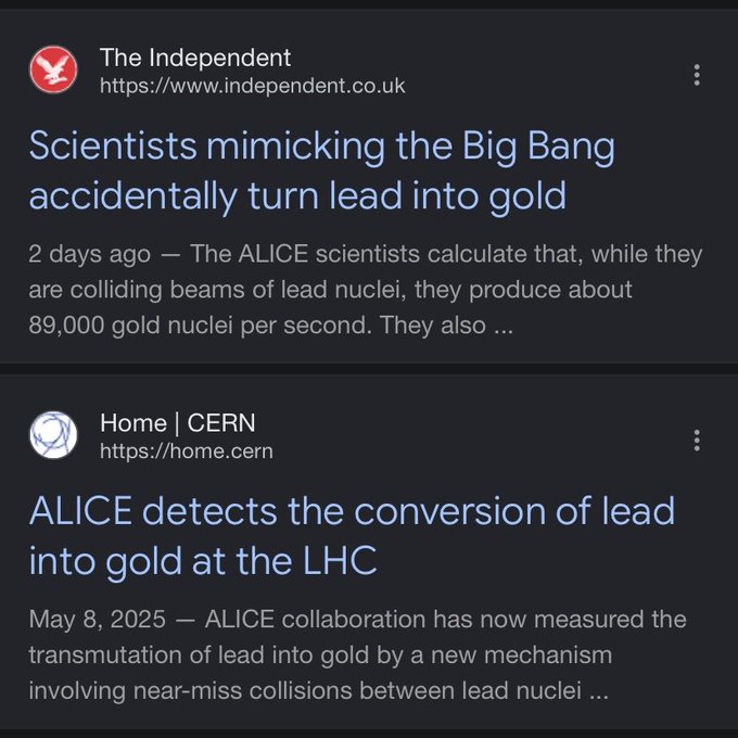 A screenshot of two news headlines — one from The Independent ("Scientists mimicking the Big Bang accidentally turn lead into gold") and one from CERN ("ALICE detects the conversion of lead into gold at the LHC") — illustrating the joke that scientists achieved real-life alchemy at the LHC before Rockstar released GTA 6.