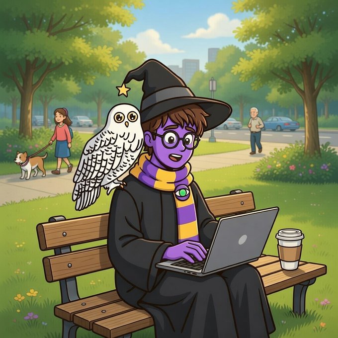 A cartoon wizard character with an owl on his shoulder sits on a park bench working on a laptop, paired with a "gm" post listing early projects for the new week across DeFi, perps, launchpads, and DePIN categories. The whimsical "wizard of crypto" imagery playfully evokes the magic of finding promising new projects, fitting the curated list of @usesugar launches.