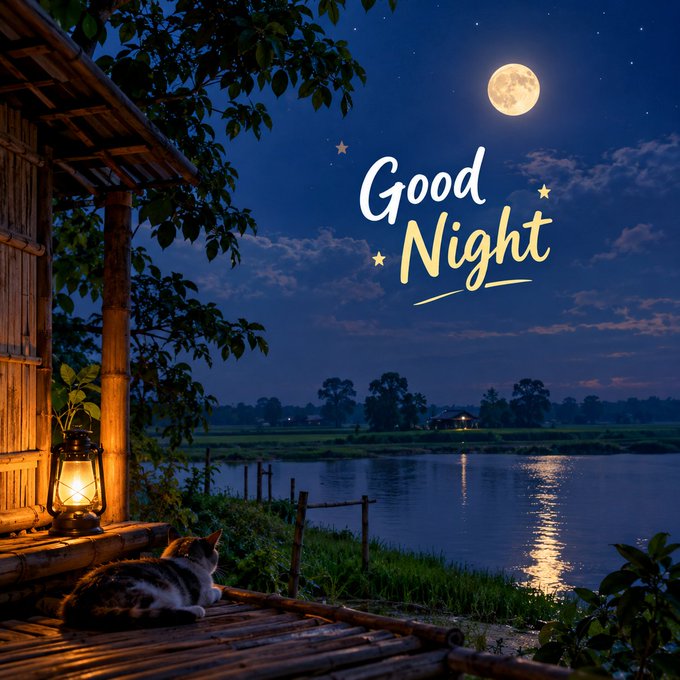 A serene nighttime illustration shows a full moon over a river with the text "Good Night" in cursive, featuring a rustic wooden hut with a lit lantern, a sleeping cat, and a starry sky.