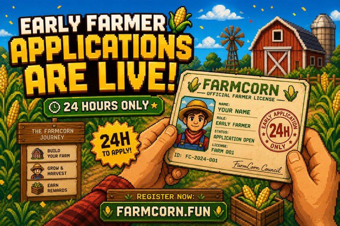 Promotional graphic for 'EARLY FARMER APPLICATIONS ARE LIVE!' featuring a farmer's license card for 'FarmCorn' with '24 HOURS ONLY' and the website 'FARMCORN.FUN'.
