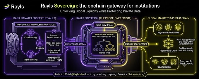 An infographic titled 'Rayls Sovereign: the onchain gateway for institutions' illustrating a Bank Private Ledger connecting to Global Markets via a Proof-Only Bridge and Merkle Tree, with text 'Unlocking Global Liquidity while Protecting Private Data' and a footer mentioning '@RaylsLabs'.
