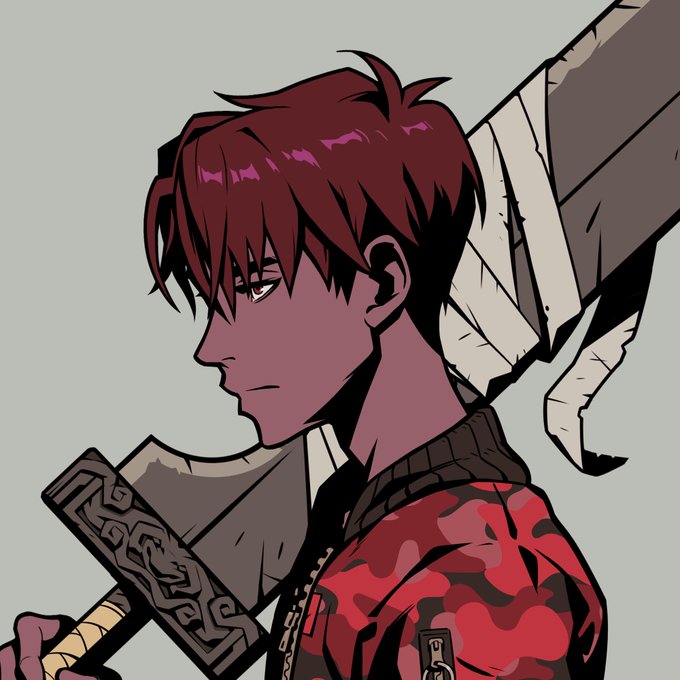 Anime-style profile portrait of a stoic dark-skinned youth with maroon hair and a red camouflage jacket, carrying a large sword over his shoulder against a plain gray background.