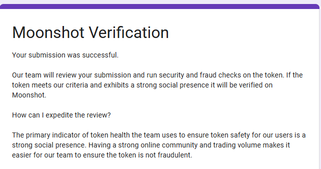 The image shows a "Moonshot Verification" confirmation page stating that a token submission was successful and will undergo security, fraud, and social presence reviews. This relates to the "$Solcat to the MOON" post by showing the official Moonshot platform interface where tokens like $Solcat are submitted for verification before being featured.