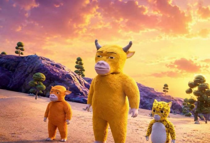 Three furry, yellow cartoon characters—a large horned creature, a smaller smiling figure, and a spotted leopard-like animal—stand together in a desert landscape at sunset, evoking a playful "bullish" spirit that aligns with the post's celebration of the on-chain bull market and the BullIncoming meme culture on BSC.