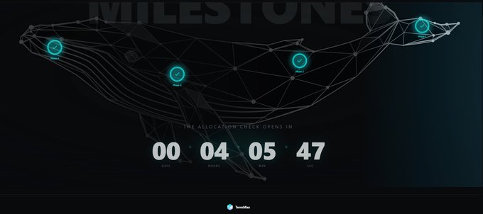 A website countdown timer showing '00:04:05:47' with 'MILESTONE' and 'THE ALLOCATION CHECK OPENS IN' text, featuring a whale design and TokenMover branding.