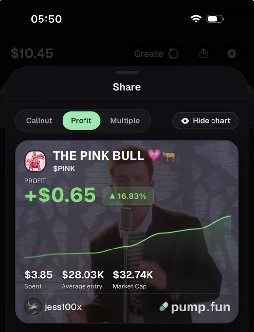 A mobile screenshot of a pump.fun profit share card titled "THE PINK BULL" with ticker $PINK, showing a profit of +$0.65 (+16.83%), with $3.85 spent, $28.03K average entry, and a $32.74K market cap.