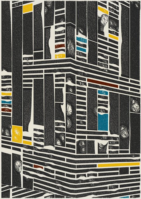 A textured abstract artwork resembling a stylized cityscape or circuit board, composed of black geometric blocks and lines accented with yellow, blue, and red rectangular highlights.