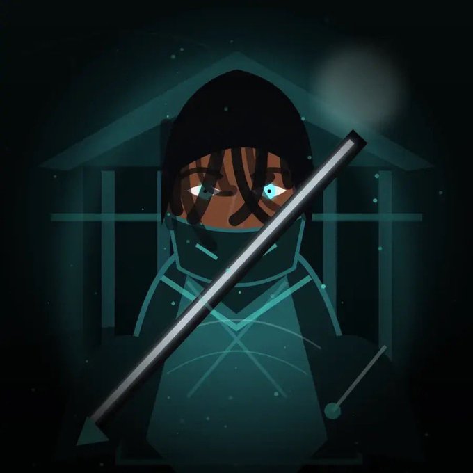 A dark, stylized digital illustration of a hooded figure holding a sword, with glowing blue eyes visible beneath the hood and a geometric temple-like shape in the background.