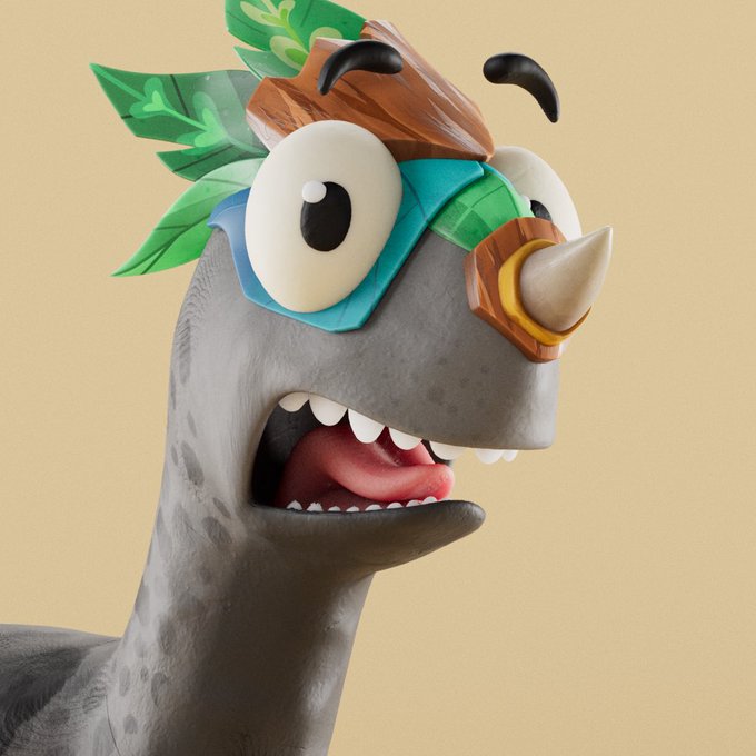A 3D rendered character that appears to be a gray creature wearing a green and blue mask with leaves and a wooden rhino-like nose, with an exaggerated surprised expression showing its mouth open.