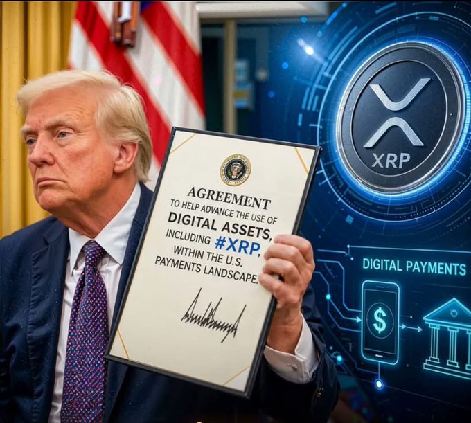 Donald Trump holds an "AGREEMENT TO HELP ADVANCE THE USE OF DIGITAL ASSETS, INCLUDING #XRP, WITHIN THE U.S. PAYMENTS LANDSCAPE," alongside a visual representation of XRP and digital payments. This image visually supports the post's theme of XRP being central to discussions about the future of finance and payments in the U.S.